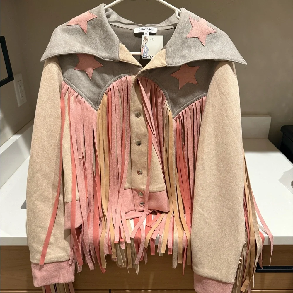 Cowgirl Kim Women's Fringe Jacket - Pink and Tan - Picture 1 of 3